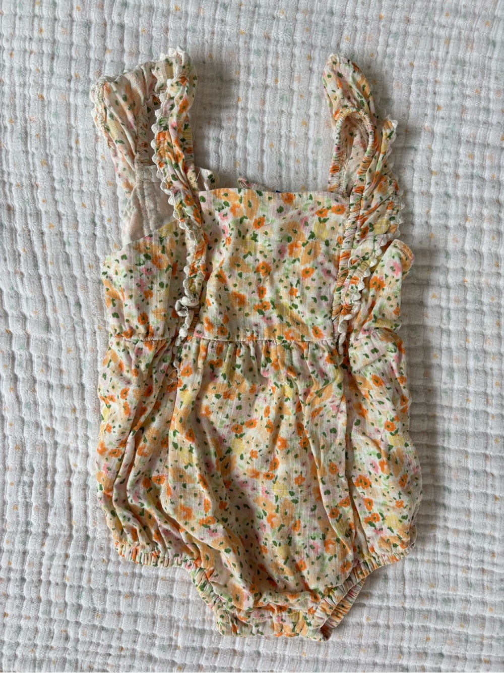 Old Navy Peach Floral Ruffle Romper with Green and Pink Dots
